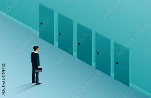 Businessman standing in front of doors of choice, the path, opportunity to succeed. Business decision concept. creative idea. leadership. startup. illustration cartoon vector