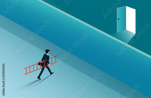 Businessmen walked hold the stairs to the wall to cross to the open door with bright light. business success concept. creative idea. leadership. startup. illustration cartoon vector
