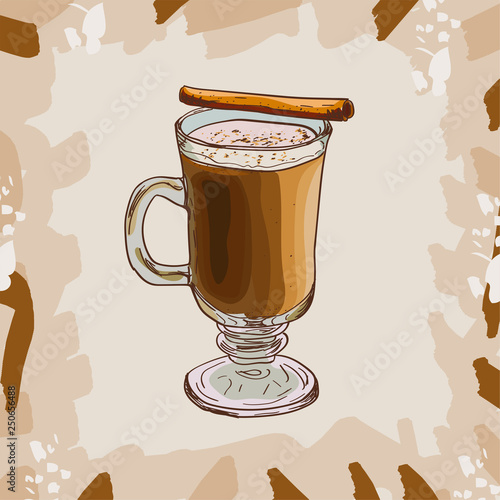 Hot Buttered Rum classic cocktail illustration. Alcoholic warm bar drink hand drawn vector. Pop art menu image item.