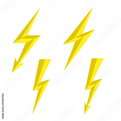 Lightning thunderbolt icon vector. Flash symbol illustration. Lighting Flash Icons Set. Flat Style on White Background. Silhouette and lightning bolt icon. Set of yellow icons storm