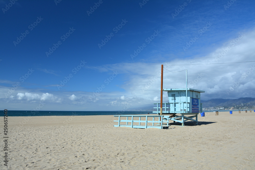 Blue lifeguard tower on the Santa Monica beach.