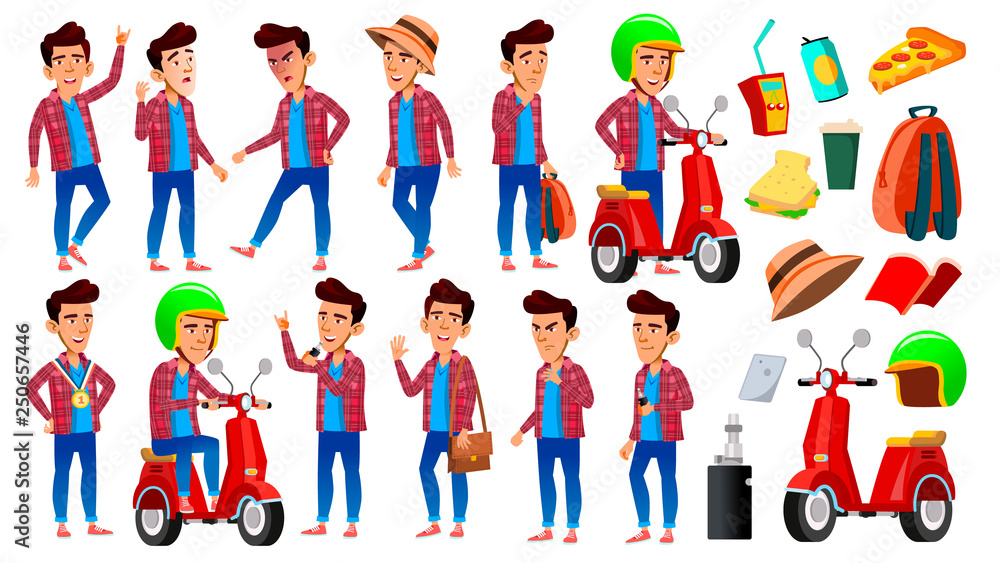Asian Boy Schoolboy Kid Poses Set Vector. High School Child. School Student. Delivery Service. Scooter. For Presentation, Print, Invitation Design. Isolated Cartoon Illustration