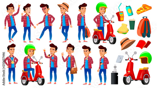Asian Boy Schoolboy Kid Poses Set Vector. High School Child. School Student. Delivery Service. Scooter. For Presentation, Print, Invitation Design. Isolated Cartoon Illustration © PikePicture