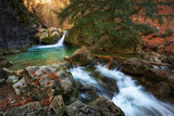 Beautiful view of Yew waterfall, waterfall in mountains in autumn, Grand Crimean Canyon, Crimea