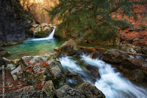 Beautiful view of Yew waterfall, waterfall in mountains in autumn, Grand Crimean Canyon, Crimea © Anatoly Gordienko