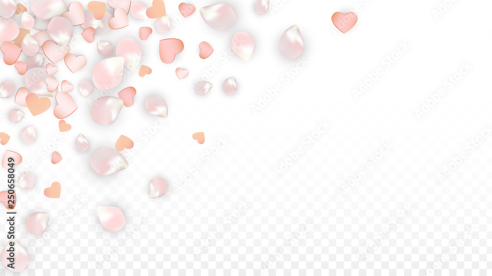 Vector Realistic Petals and Hearts Confetti. Flying Sakura and Hearts on Transparent Background. Wedding Invitation Background. Spring Romance Poster. Vector Illustration for Anniversary Design. Vector Realistic Petals and Hearts Confetti. Flying Sakura and Hearts on Transparent Background. Wedding Invitation Background. Spring Romance Poster. Vector Illustration for Anniversary Design.