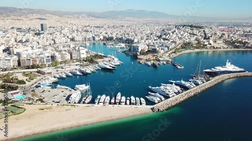 Aerial drone bird's eye view video of iconic port of Marina Zeas with boats docked, port of Piraias , Attica, Greece photo