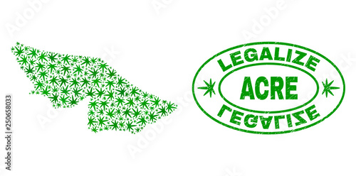 Vector cannabis Acre State map mosaic and grunge textured Legalize stamp seal. Concept with green weed leaves. Concept for cannabis legalize campaign.