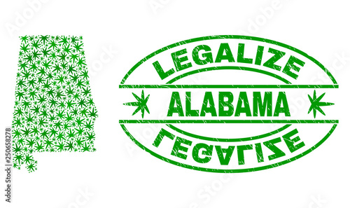 Vector cannabis Alabama State map mosaic and grunge textured Legalize stamp seal. Concept with green weed leaves. Concept for cannabis legalize campaign.
