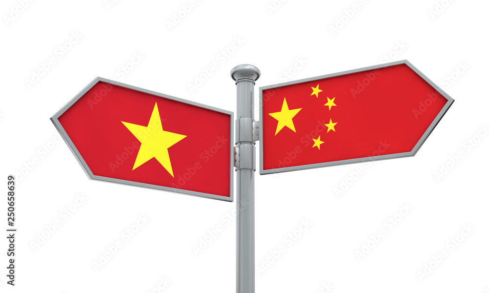 China and Vietnam flag sign moving in different direction. 3D Rendering China and Vietnam flag sign moving in different direction. 3D Rendering