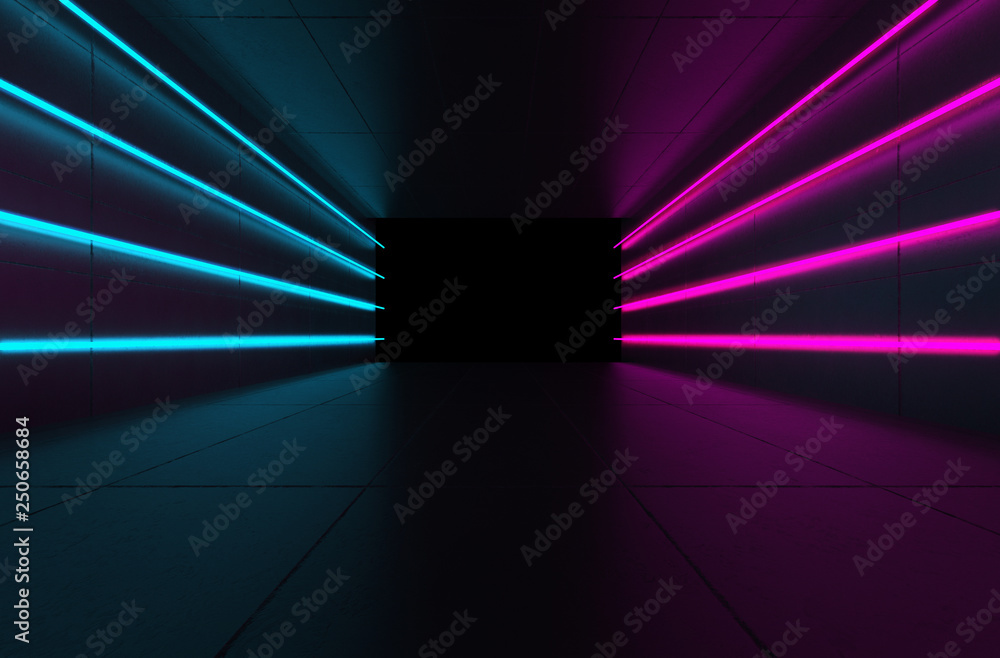 Background of empty room with concrete pavement. Spotlight light, multicolored neon light, reflection on tile. Laser lines, figures, smoke, smog Background of empty room with concrete pavement. Spotlight light, multicolored neon light, reflection on tile. Laser lines, figures, smoke, smog