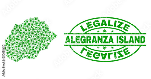Vector cannabis Alegranza Island map mosaic and grunge textured Legalize stamp seal. Concept with green weed leaves. Concept for cannabis legalize campaign.