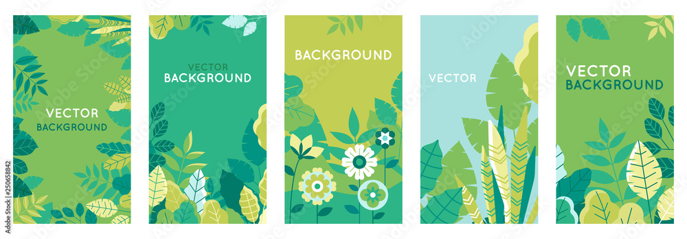 Vector set of abstract backgrounds with copy space for text - bright vibrant banners, posters, cover design templates, social media stories wallpapers with spring leaves and flowers - obrazy, fototapety, plakaty 