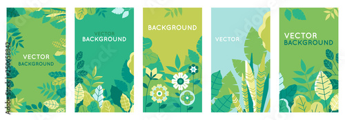 Vector set of abstract backgrounds with copy space for text - bright vibrant banners, posters, cover design templates, social media stories wallpapers with spring leaves and flowers