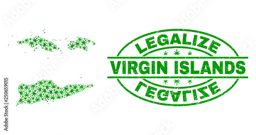 Vector cannabis American Virgin Islands map collage and grunge textured Legalize stamp seal. Concept with green weed leaves. Template for cannabis legalize campaign.