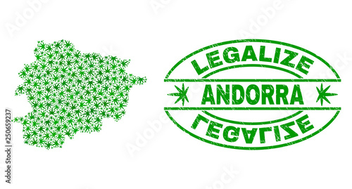 Vector cannabis Andorra map collage and grunge textured Legalize stamp seal. Concept with green weed leaves. Concept for cannabis legalize campaign. Vector Andorra map is organized of cannabis leaves.
