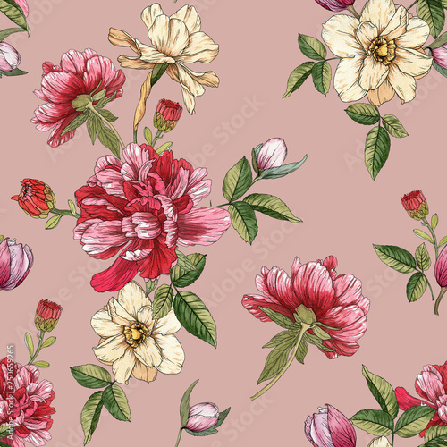 Floral seamless pattern with watercolor narcissus and peonies © lesia_a