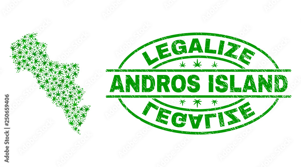 Vector cannabis Andros Island of Greece map mosaic and grunge textured Legalize stamp seal. Concept with green weed leaves. Concept for cannabis legalize campaign.