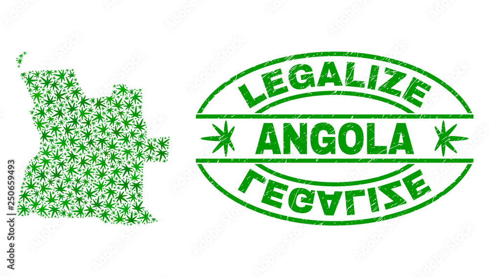Vector cannabis Angola map mosaic and grunge textured Legalize stamp seal. Concept with green weed leaves. Concept for cannabis legalize campaign. Vector Angola map is formed with cannabis leaves.