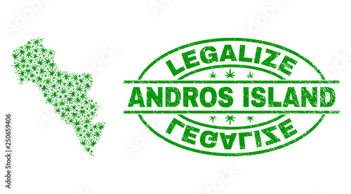 Vector cannabis Andros Island of Greece map mosaic and grunge textured Legalize stamp seal. Concept with green weed leaves. Concept for cannabis legalize campaign.