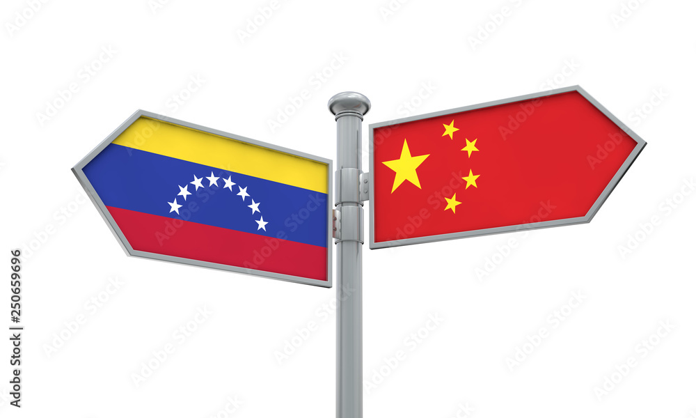 China and Venezuela flag sign moving in different direction. 3D Rendering China and Venezuela flag sign moving in different direction. 3D Rendering
