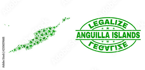 Vector marijuana Anguilla Islands map mosaic and grunge textured Legalize stamp seal. Concept with green weed leaves. Concept for cannabis legalize campaign.