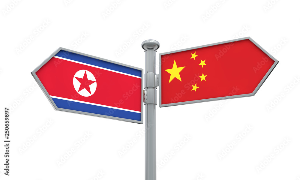 China and North Korea flag sign moving in different direction. 3D Rendering