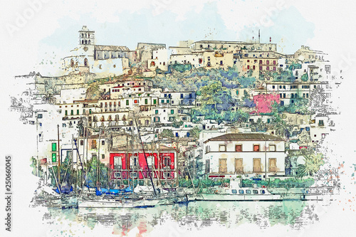 Watercolor sketch or illustration of a beautiful view of a small coastal town in Italy with traditional European architecture