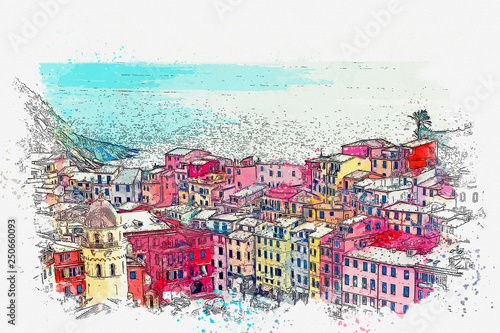 Watercolor sketch or illustration of a beautiful view of the colorful houses in Vernazza, a small Italian town by the sea