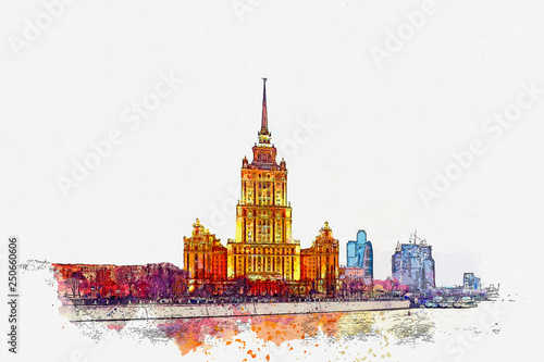 Watercolor sketch or illustration of a beautiful view of the traditional old architecture on the Kotelnicheskaya Embankment in Moscow in Russia