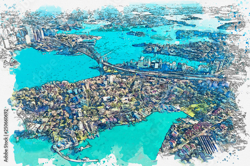 Watercolor sketch or illustration of a beautiful aerial view of Sydney in Australia. City landscape