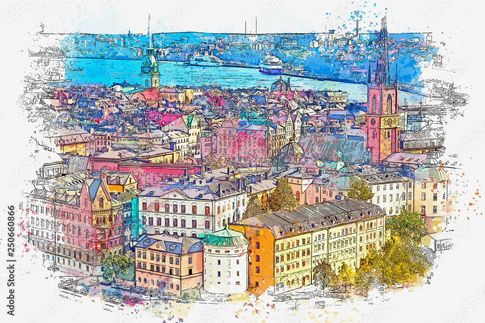 Obraz premium Watercolor sketch or illustration of a beautiful view of Stockholm in Sweden. Cityscape or urban skyline