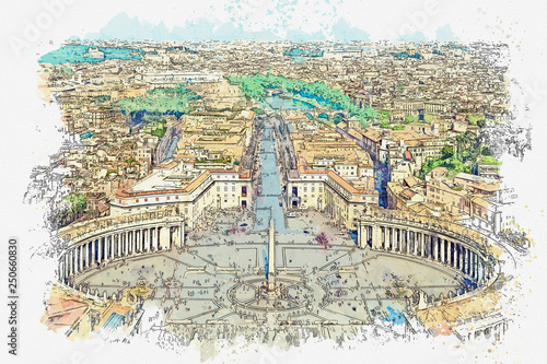 Photography Watercolor sketch or illustration of a beautiful view of St