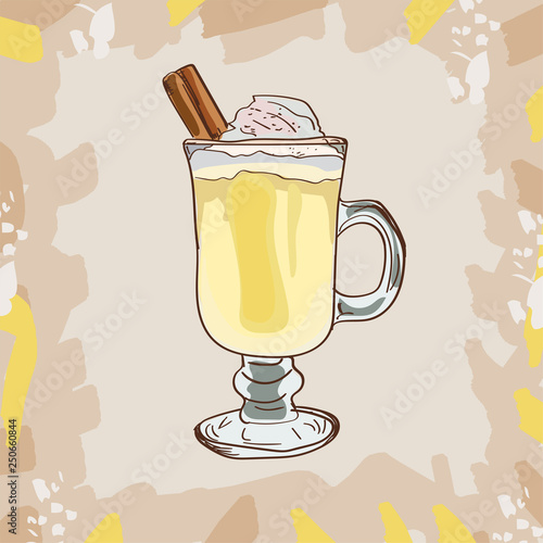 Hot Cinnamon Eggnog classic cocktail illustration. Alcoholic warm bar drink hand drawn vector. Pop art menu image item.