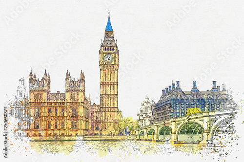 Watercolor sketch or illustration of a beautiful view of the Big Ben and the Houses of Parliament in London in the UK