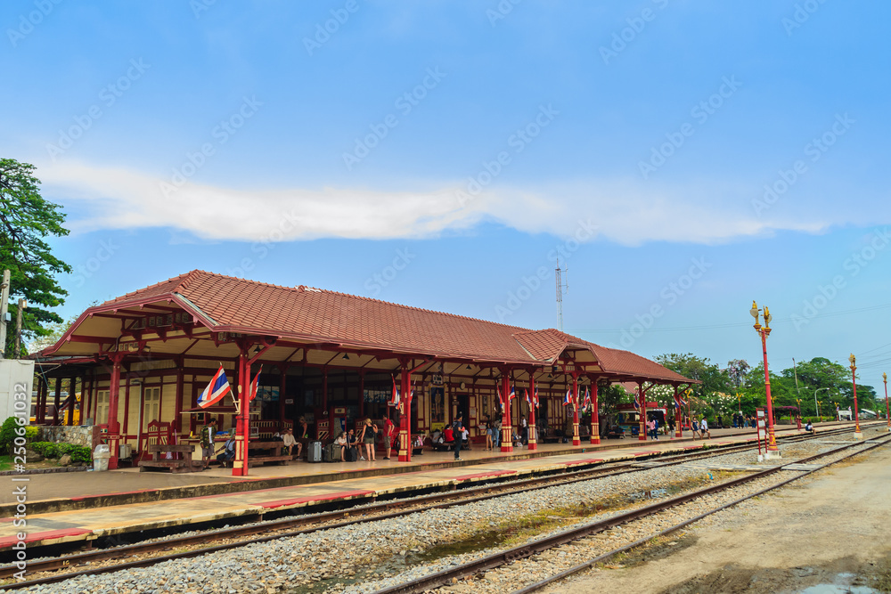 Prachuap Khiri Khan, Thailand - March 16, 2017: Colorful royal pavilion at Hua Hin Railway Station that has been considered to be the most beautiful station and became very popular tourist attraction. Prachuap Khiri Khan, Thailand - March 16, 2017: Colorful royal pavilion at Hua Hin Railway Station that has been considered to be the most beautiful station and became very popular tourist attraction.