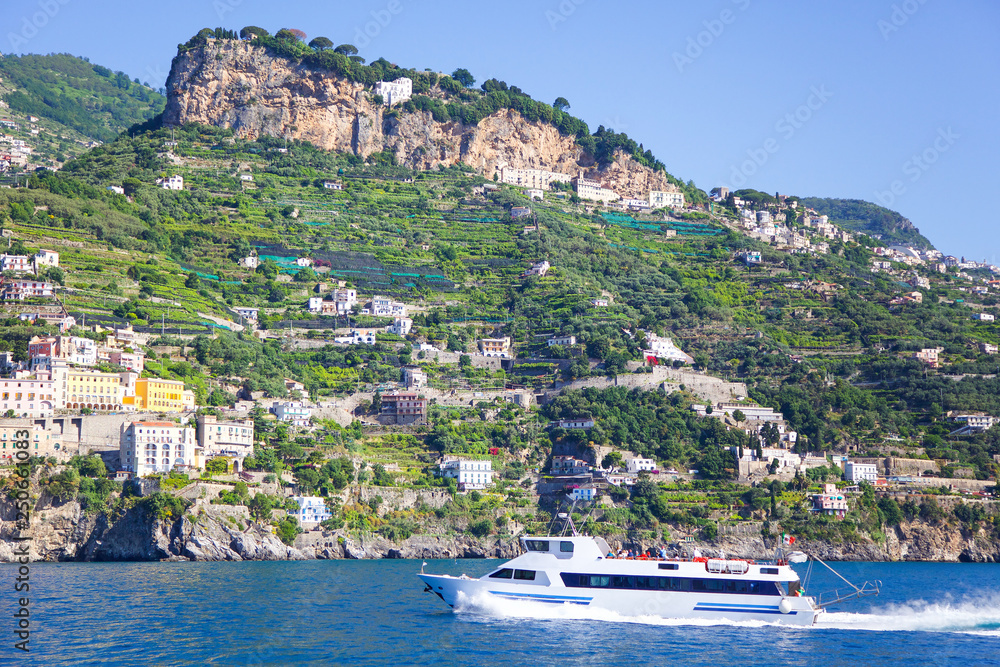 View from the sea on the cozy and cute town on the Amalfi Coast, Italy. 