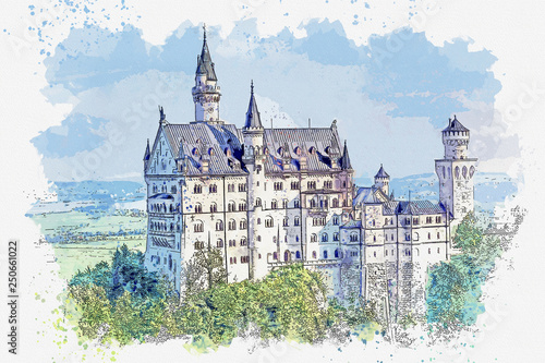 Watercolor sketch or an illustration of a beautiful view of the ancient castle Neuschwanstein in Germany photo