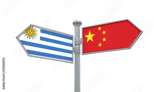 China and Uruguay flag sign moving in different direction. 3D Rendering