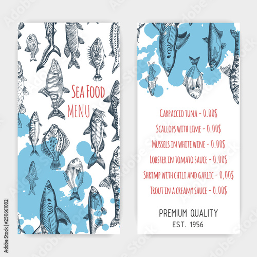 Vector illustration sketch - seafood. Card Menu restaurant. vintage design template, banner