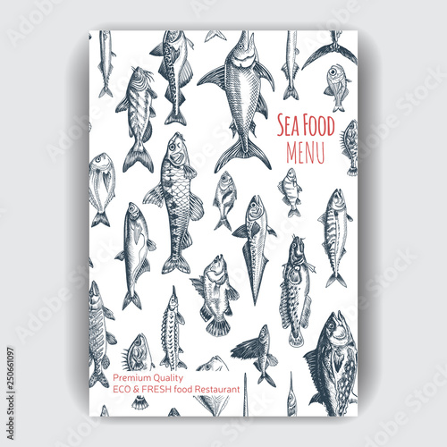 Vector illustration sketch - seafood. Card Menu restaurant. vintage design template, banner