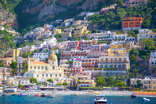 Fototapeta Naklejka Na Ścianę i Meble -  View from the sea on the cozy and cute town Positano on the Amalfi Coast, Italy. 