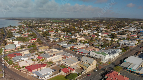 Kingscote, Kangaroo Island. Aerial view of cityscape and coastline on a sunny day