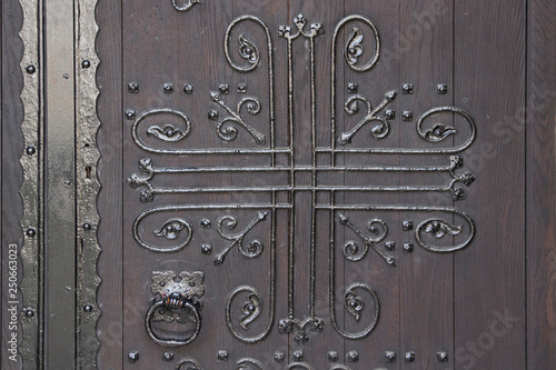 Wooden door at church entrance.