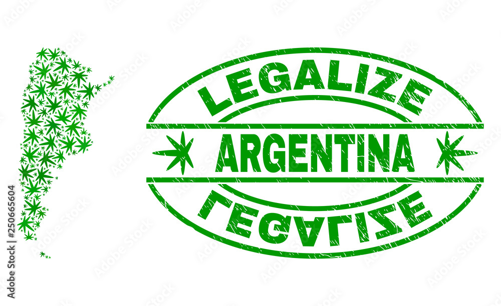Vector cannabis Argentina map mosaic and grunge textured Legalize stamp seal. Concept with green weed leaves. Concept for cannabis legalize campaign. Vector Argentina map is formed of cannabis leaves.