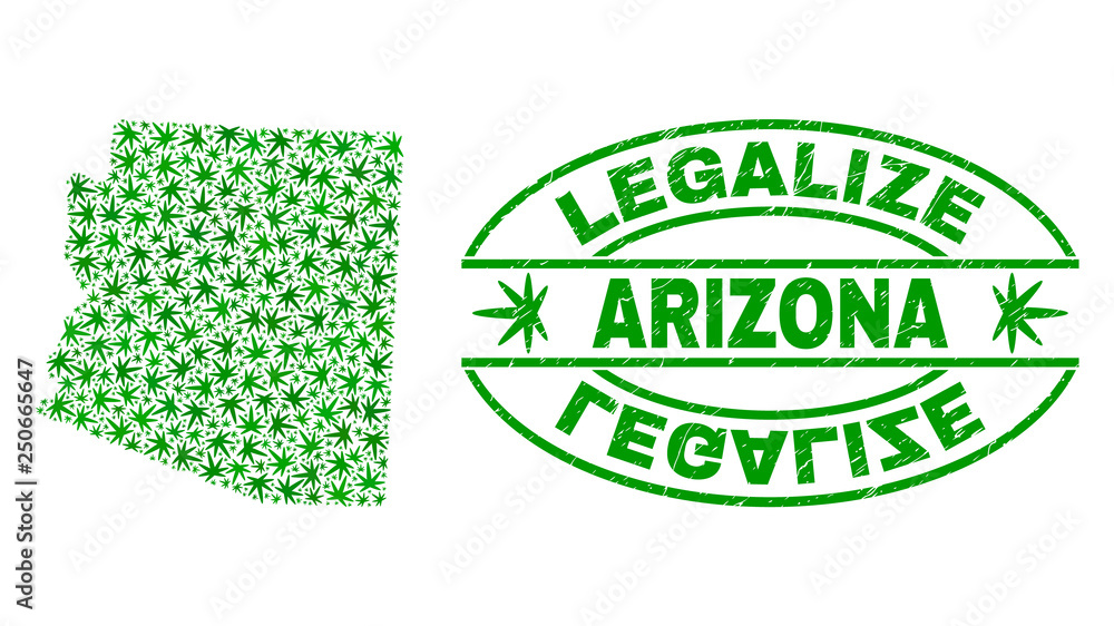 Vector cannabis Arizona State map mosaic and grunge textured Legalize stamp seal. Concept with green weed leaves. Concept for cannabis legalize campaign.