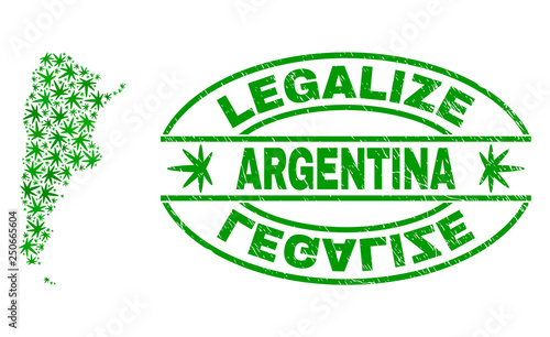 Vector cannabis Argentina map mosaic and grunge textured Legalize stamp seal. Concept with green weed leaves. Concept for cannabis legalize campaign. Vector Argentina map is formed of cannabis leaves.