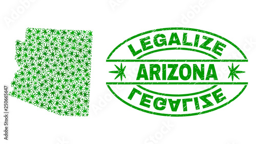 Vector cannabis Arizona State map mosaic and grunge textured Legalize stamp seal. Concept with green weed leaves. Concept for cannabis legalize campaign.