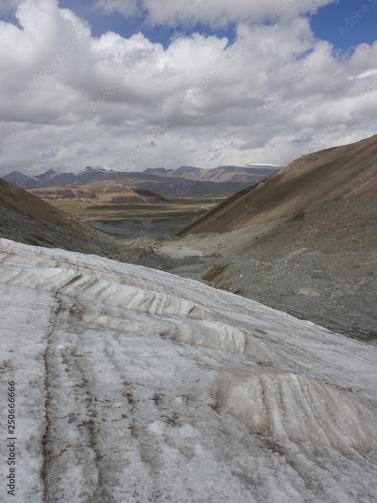 Glaciers, moraines and a lake in the Arabel valley are 3950 m. In Kyrgyzstan. August 2018. Glaciers, moraines and a lake in the Arabel valley are 3950 m. In Kyrgyzstan. August 2018.