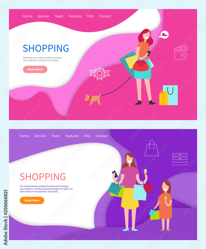 Shopping woman walking pet on leash, family day of mother and daughter vector. Shoppers spending time together on weekends, using discounts and sales. Website or webpage template landing page in flat